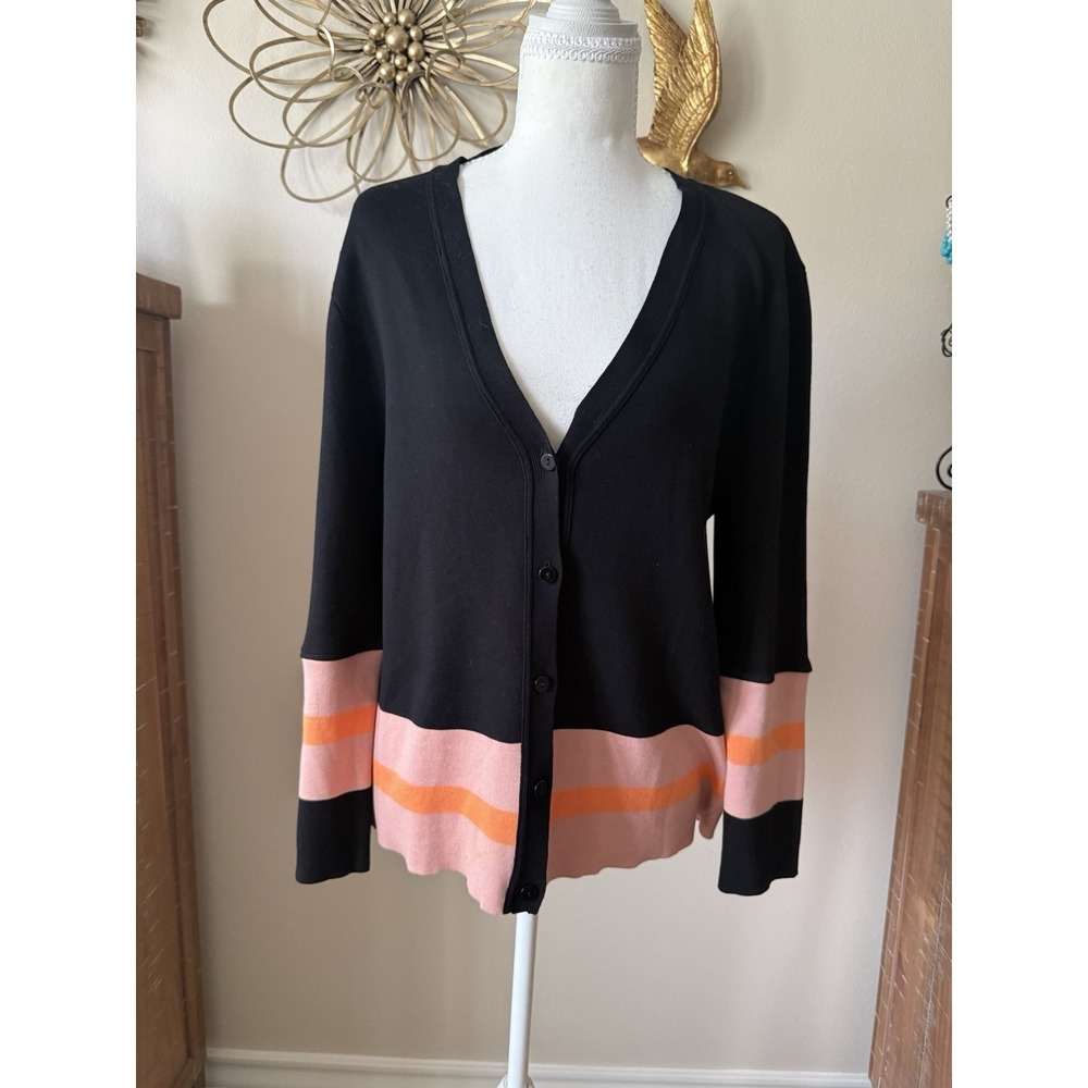 RED Valentino Cardigan XL Black Pink Orange Stripe Cotton Button Sweater Italy